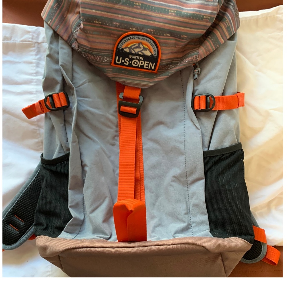 Burton Backpack in Light Gray, Black & Orange with Tan Base
